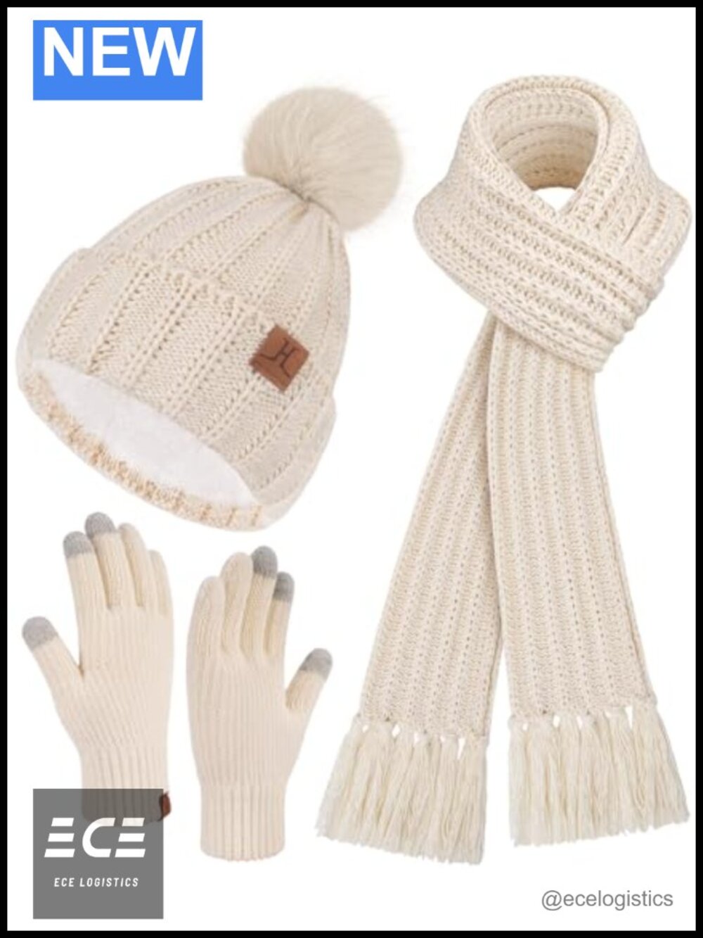 Womens Winter Beanie Scarf Touchscreen Gloves Set Fleece Lined Pompom